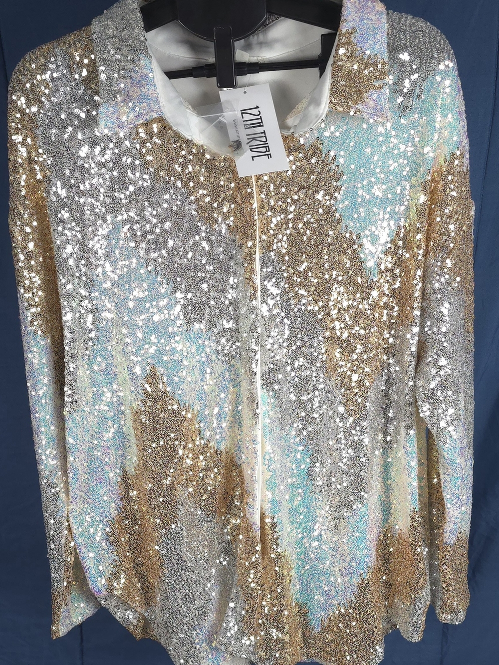 NWT 12th Tribe Genevieve Sequin Button Up L Gold, Silver, Aqua